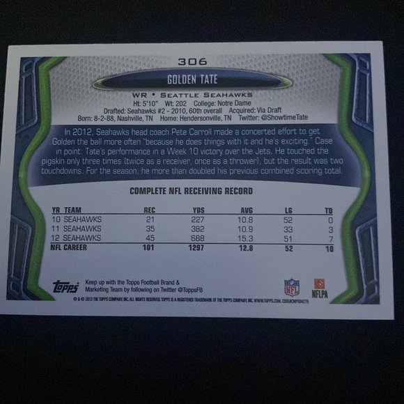 Golden Tate - 2013 topps #306 - Picture 2 of 2